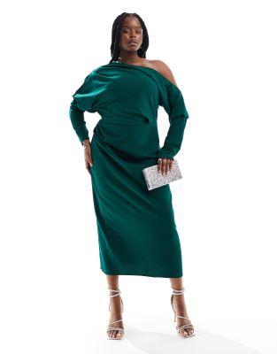 ASOS Curve ASOS DESIGN Curve slouchy fallen shoulder midi dress in forest green