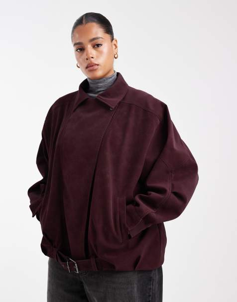 ASOS DESIGN Curve slouchy leather look oversized biker jacket in burgundy