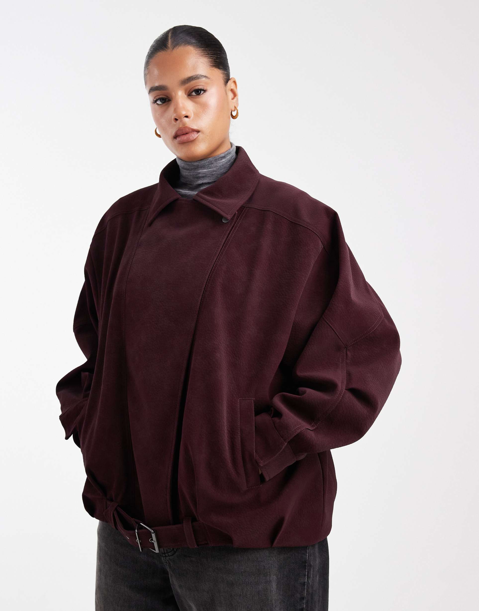 asos design curve slouchy leather look oversized moto jacket in burgundy