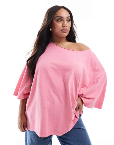 ASOS DESIGN curve slouchy off shoulder oversized tee in washed pink - view 1
