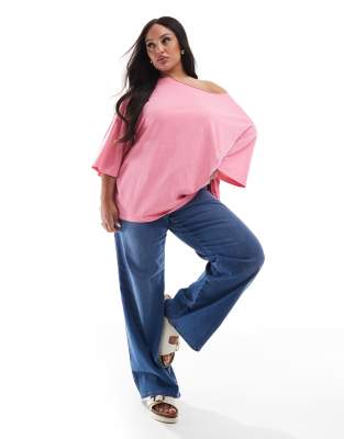 ASOS DESIGN curve slouchy off shoulder oversized tee in washed pink