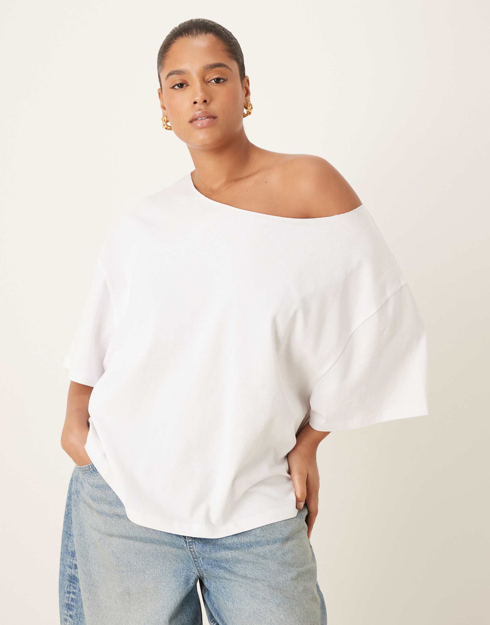 asos design curve slouchy off shoulder oversized tee in white