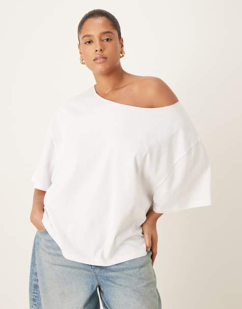 ASOS DESIGN Curve slouchy off shoulder oversized tee in white