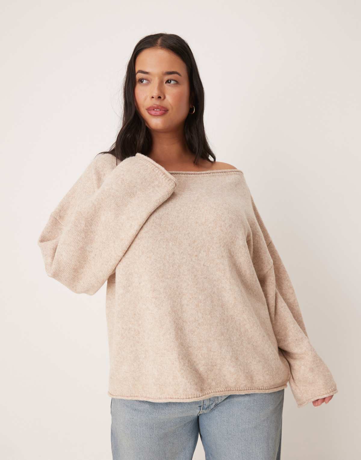 ASOS DESIGN Curve slouchy off the shoulder jumper in oatmeal