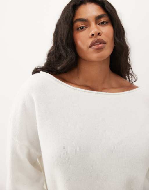 ASOS DESIGN Curve slouchy off the shoulder jumper with wool in cream, 3 of 4