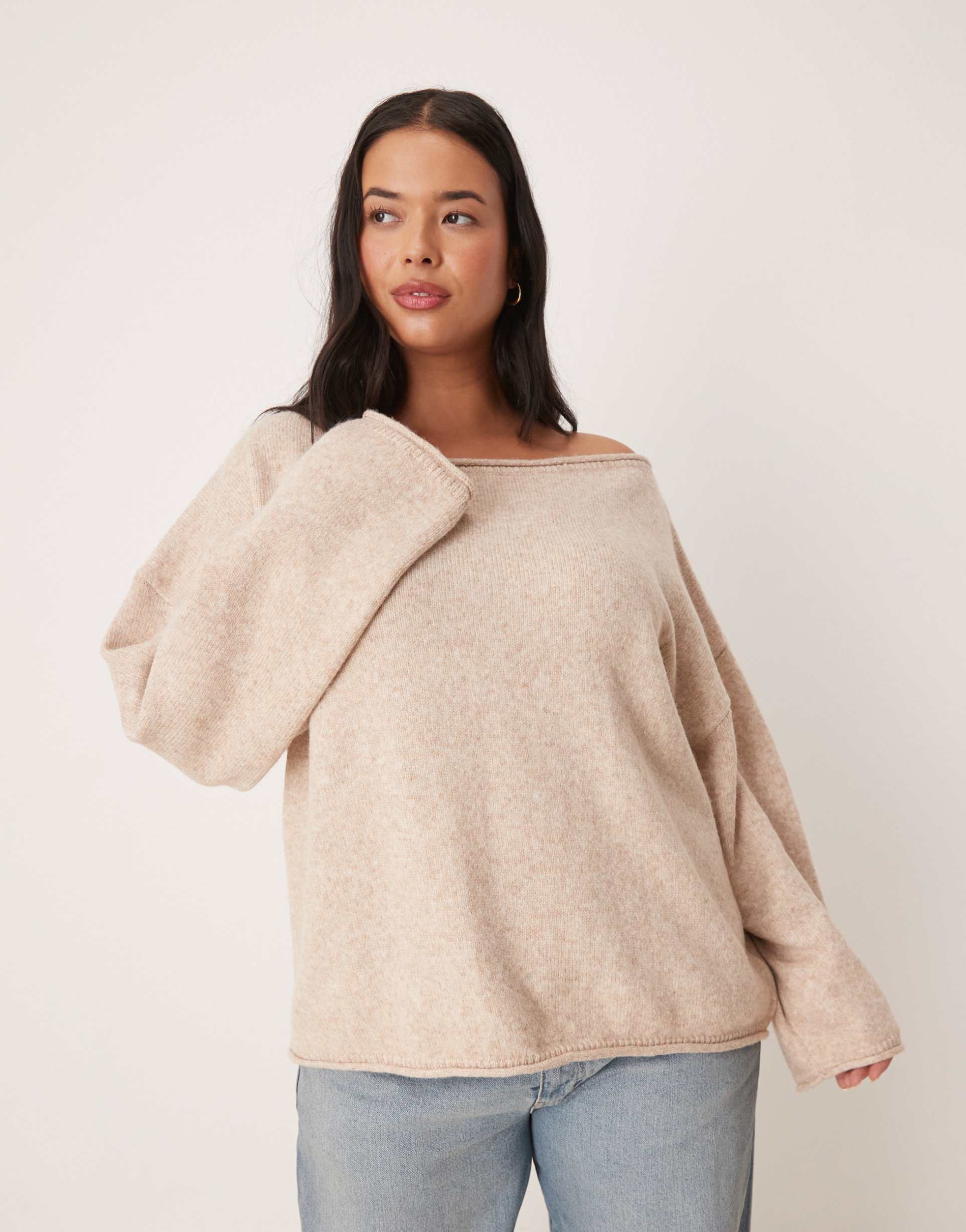asos design curve slouchy off-the-shoulder sweater in oatmeal