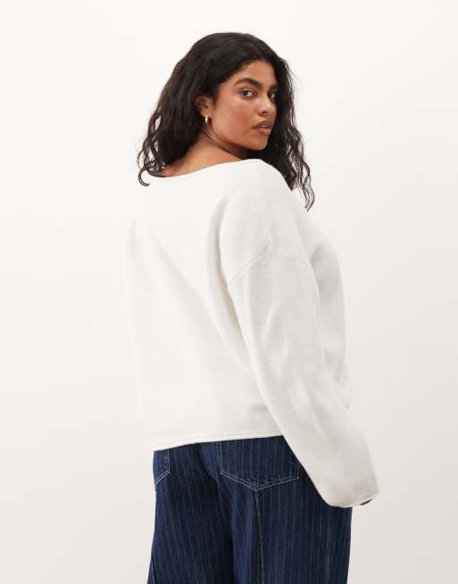 ASOS DESIGN Curve slouchy off the shoulder sweater with wool in cream, 4 of 4