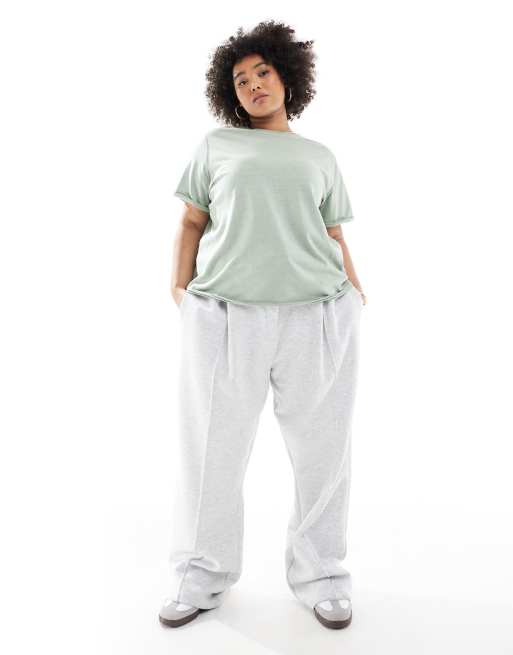 ASOS DESIGN Curve slouchy raw edge regular fit t-shirt in washed green, 2 of 4