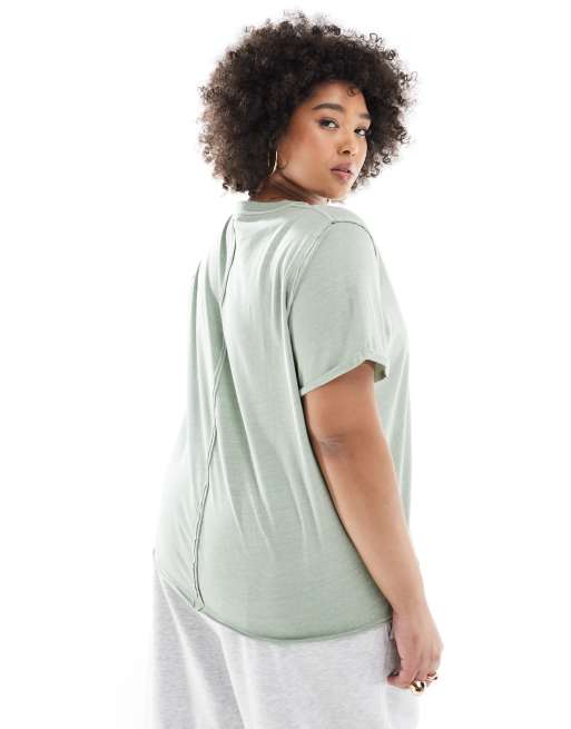 ASOS DESIGN Curve slouchy raw edge regular fit t-shirt in washed green, 3 of 4