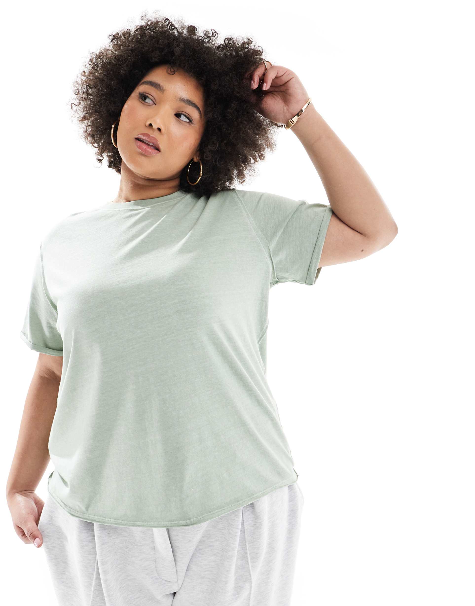 asos design curve slouchy raw edge regular fit washed t-shirt in washed green