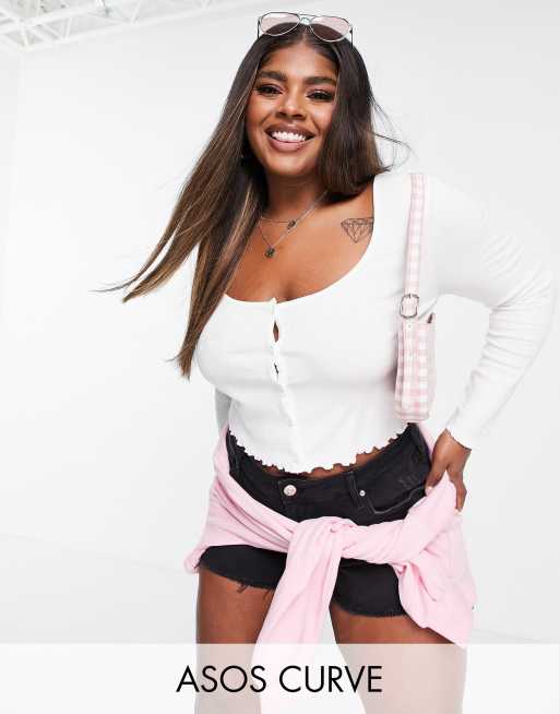 ASOS DESIGN Curve slouchy rib button through top in white