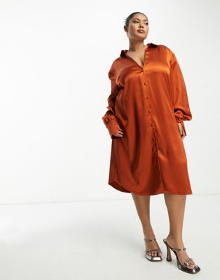 Asos Curve Asos Design Curve Slouchy Satin Plunge Shirt Midi Dress In Rust-red