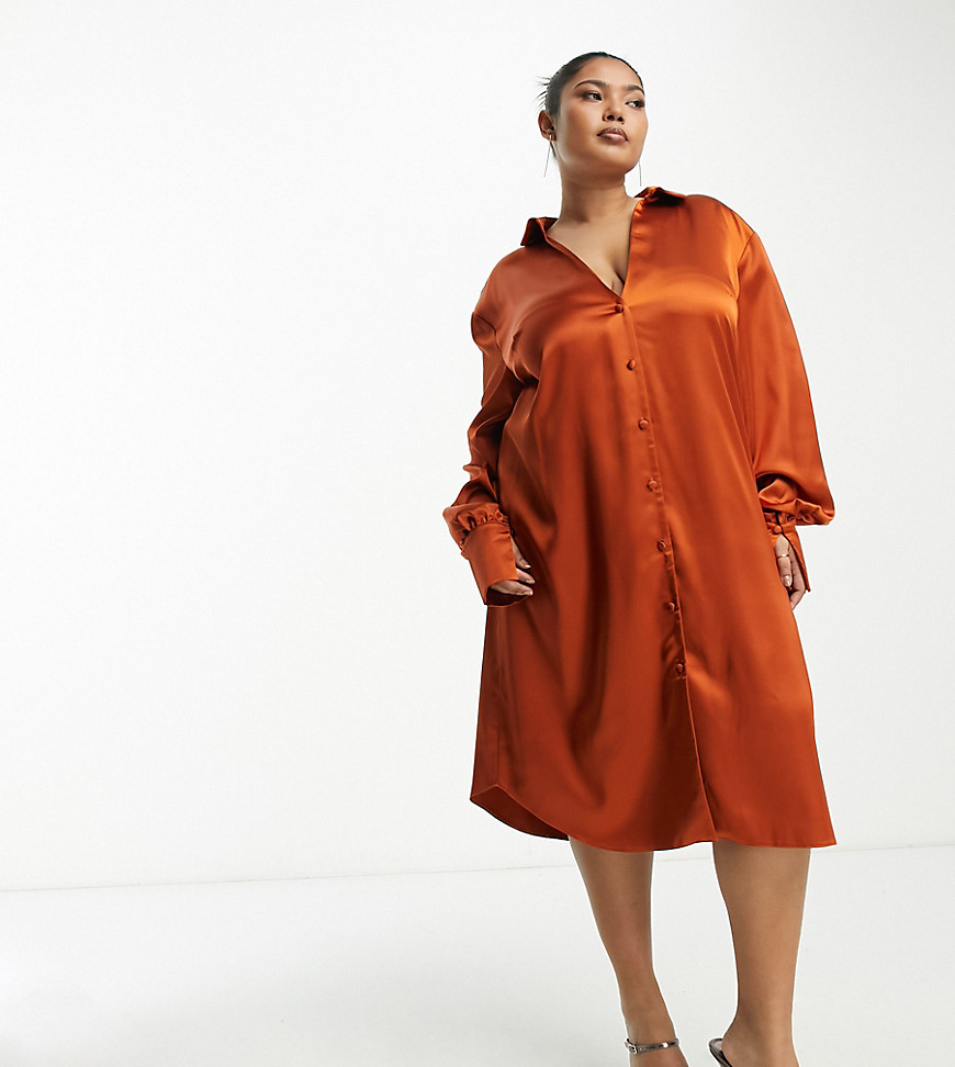 Asos Curve Asos Design Curve Slouchy Satin Plunge Shirt Midi Dress In Rust-red