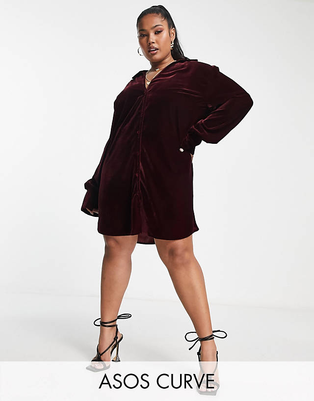 ASOS DESIGN Curve slouchy shirt mini dress in wine velvet