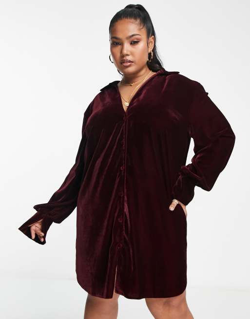 ASOS DESIGN Curve slouchy shirt mini dress in wine velvet