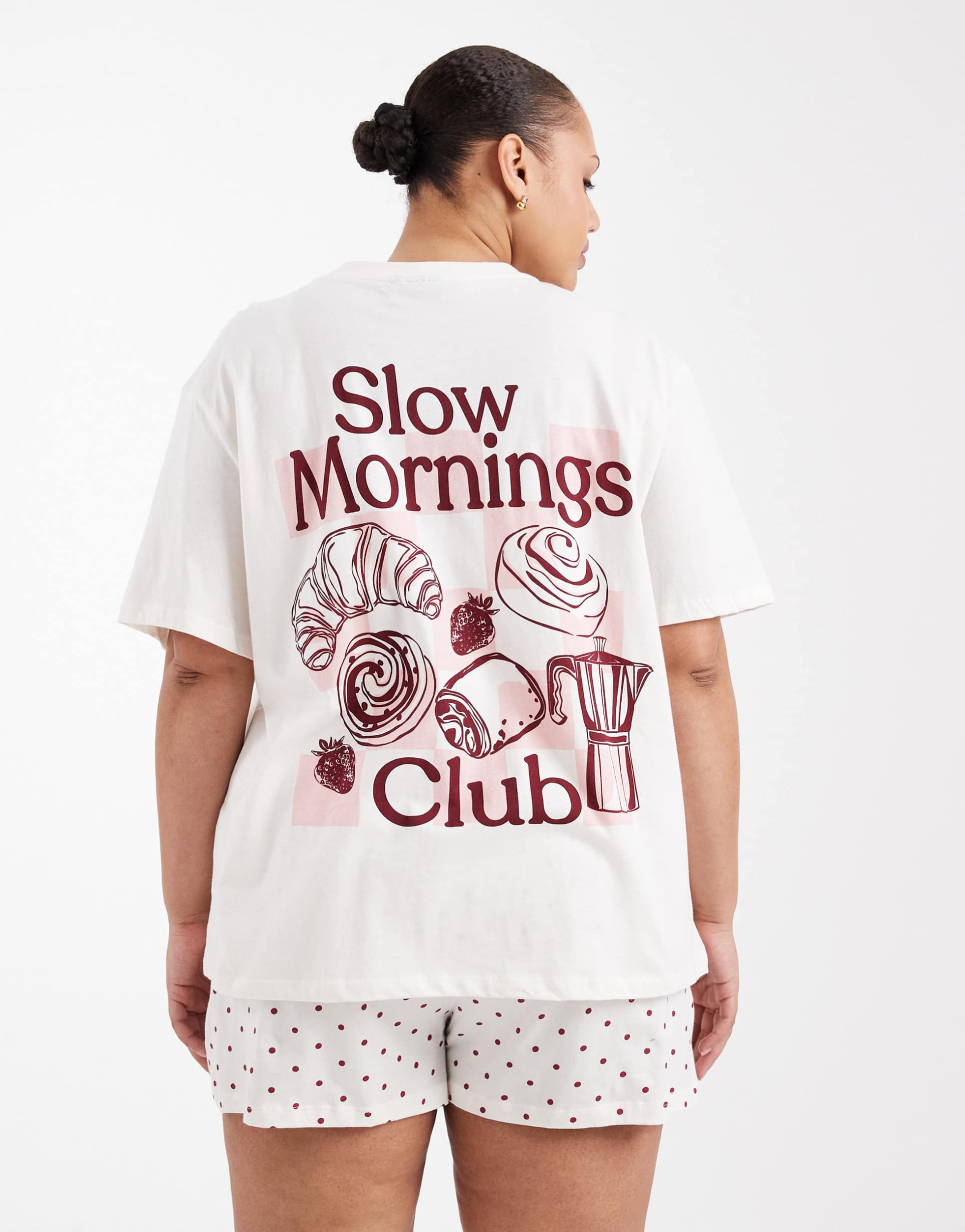 asos design curve slow mornings club graphic short sleeve tee and shorts pajama set in red