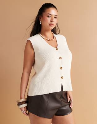 ASOS Curve ASOS DESIGN Curve slub knit relaxed fit waistcoat in cream-White