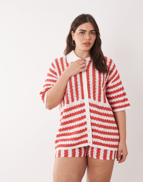 ASOS DESIGN Curve slub stripe shirt co-ord in red - view 1