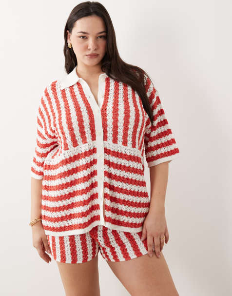 ASOS DESIGN Curve slub stripe shirt & short co-ord in red - view 1