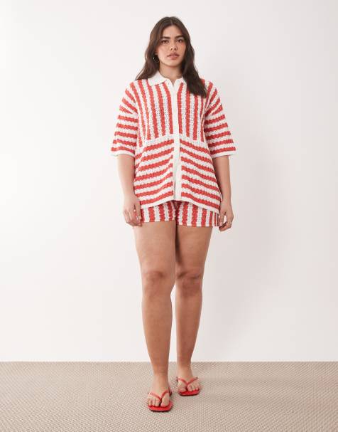 ASOS DESIGN Curve slub stripe shirt & short co-ord in red - view 1