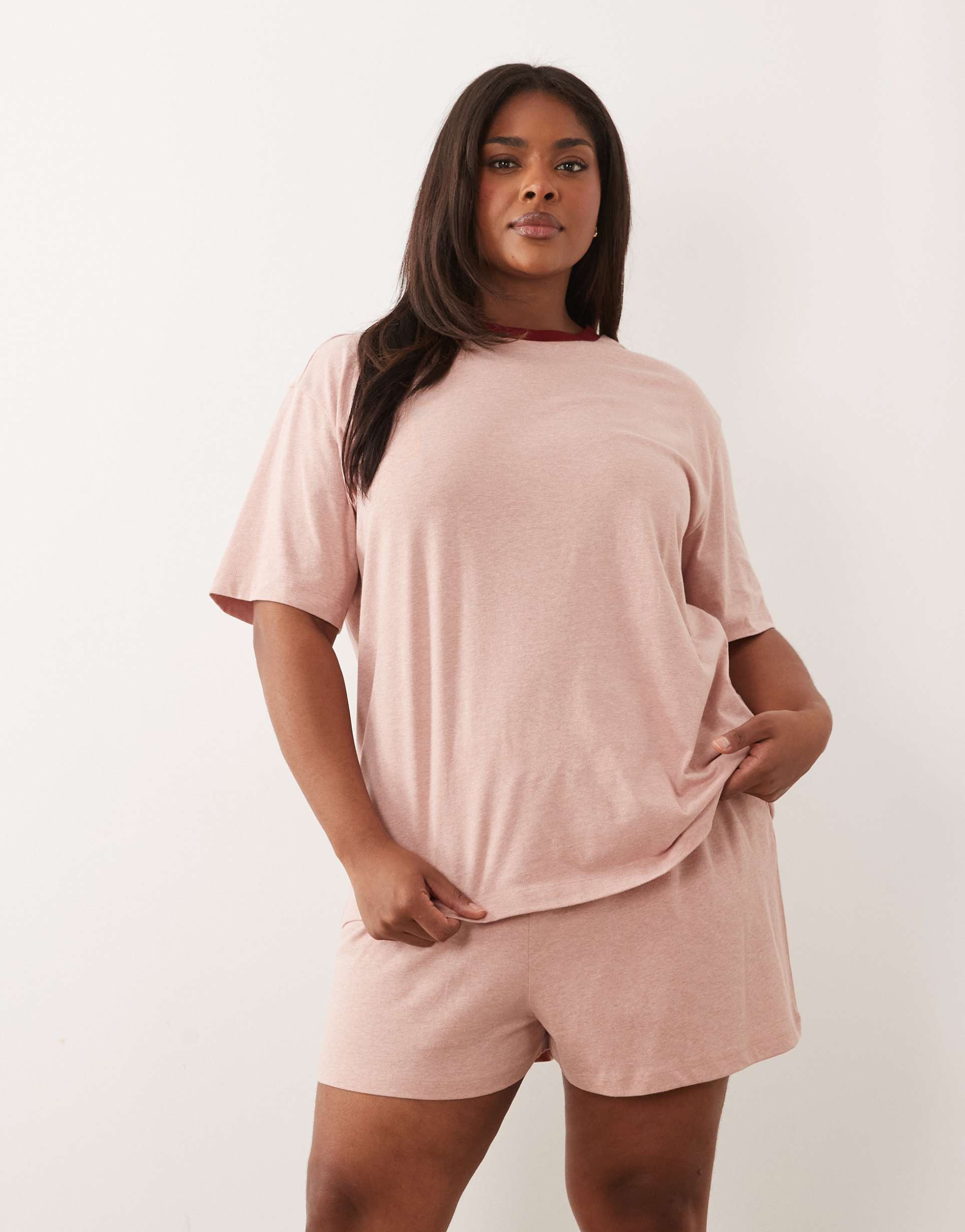 asos design curve slubby cotton oversized tee and shorts set with contrast neck binding in washed red