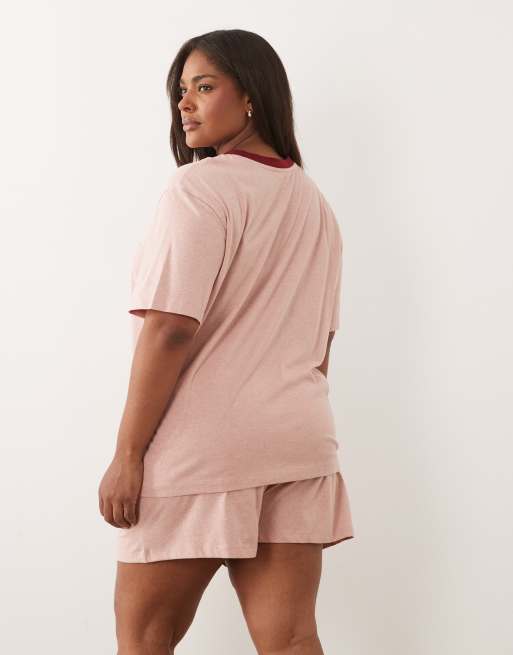 ASOS DESIGN Curve slubby cotton oversized tee and shorts set with contrast neck binding in washed red, 3 of 4