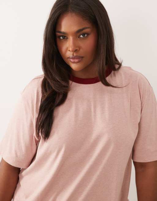 ASOS DESIGN Curve slubby cotton oversized tee and shorts set with contrast neck binding in washed red, 4 of 4