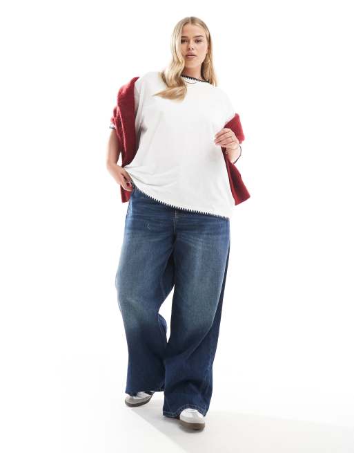 ASOS DESIGN Curve slubby oversized t-shirt with ricrac detail in white, 2 of 4