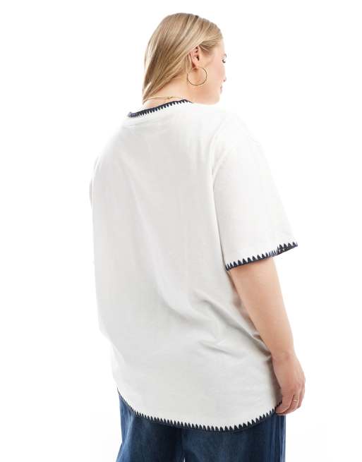 ASOS DESIGN Curve slubby oversized t-shirt with ricrac detail in white, 4 of 4