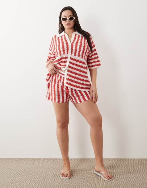 ASOS DESIGN Curve slubby shirt & shorts set in red stripes - view 1
