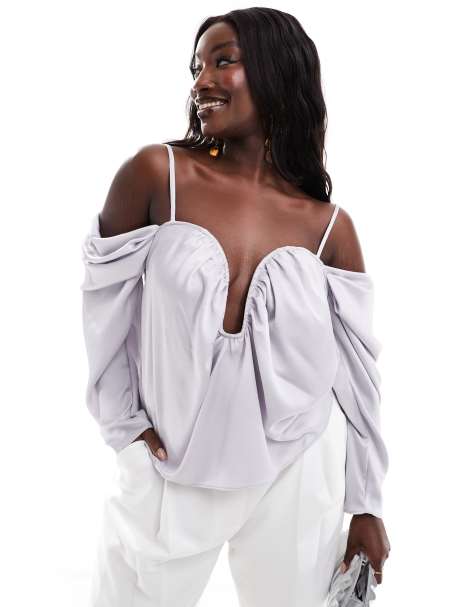 ASOS DESIGN Curve - Sølvfarvet offshoulder-top med draperinger i satin - view 1