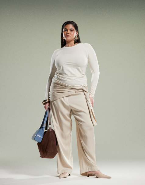 ASOS DESIGN Curve - Smaltoelopende broek met overslag in stone - view 1