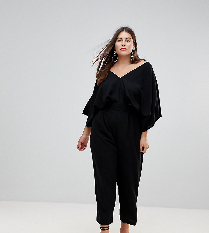 ASOS Design - Curve - Smaltoelopende jumpsuit met kimonomouwen-Zwart