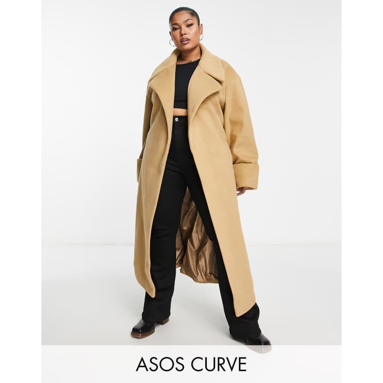 ASOS DESIGN Curve smart brushed belted coat in brown