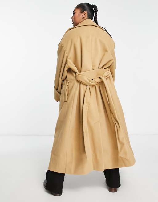 ASOS DESIGN Curve smart brushed belted coat in brown