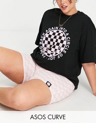 ASOS DESIGN Curve Smiley tee & check legging short pyjama set in black & pink - ASOS Price Checker
