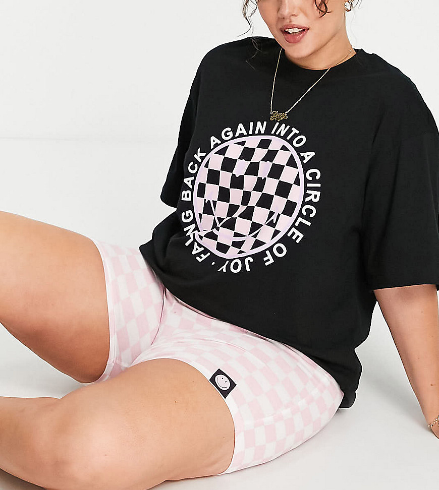 ASOS DESIGN Curve Smiley tee & check legging shorts pajama set in black & pink-Multi