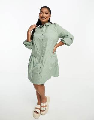 ASOS DESIGN puff sleeve button through belted midi dress in khaki