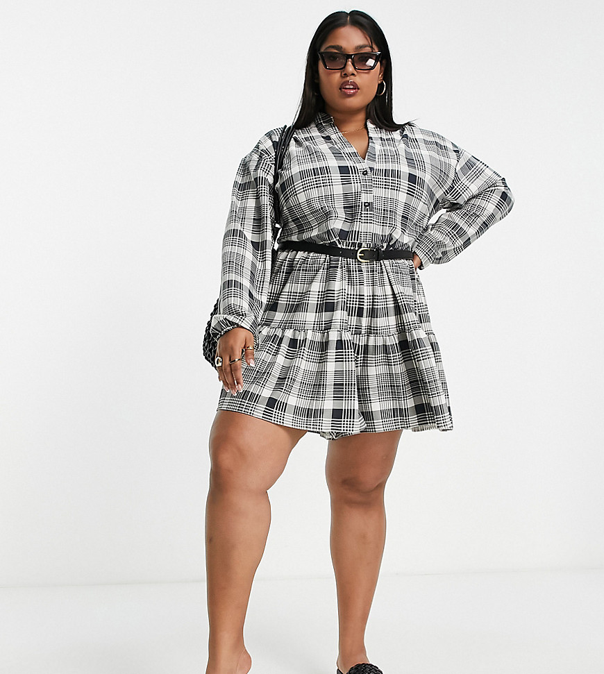 ASOS DESIGN Curve smock button through playsuit with belt in mono check - MULTI