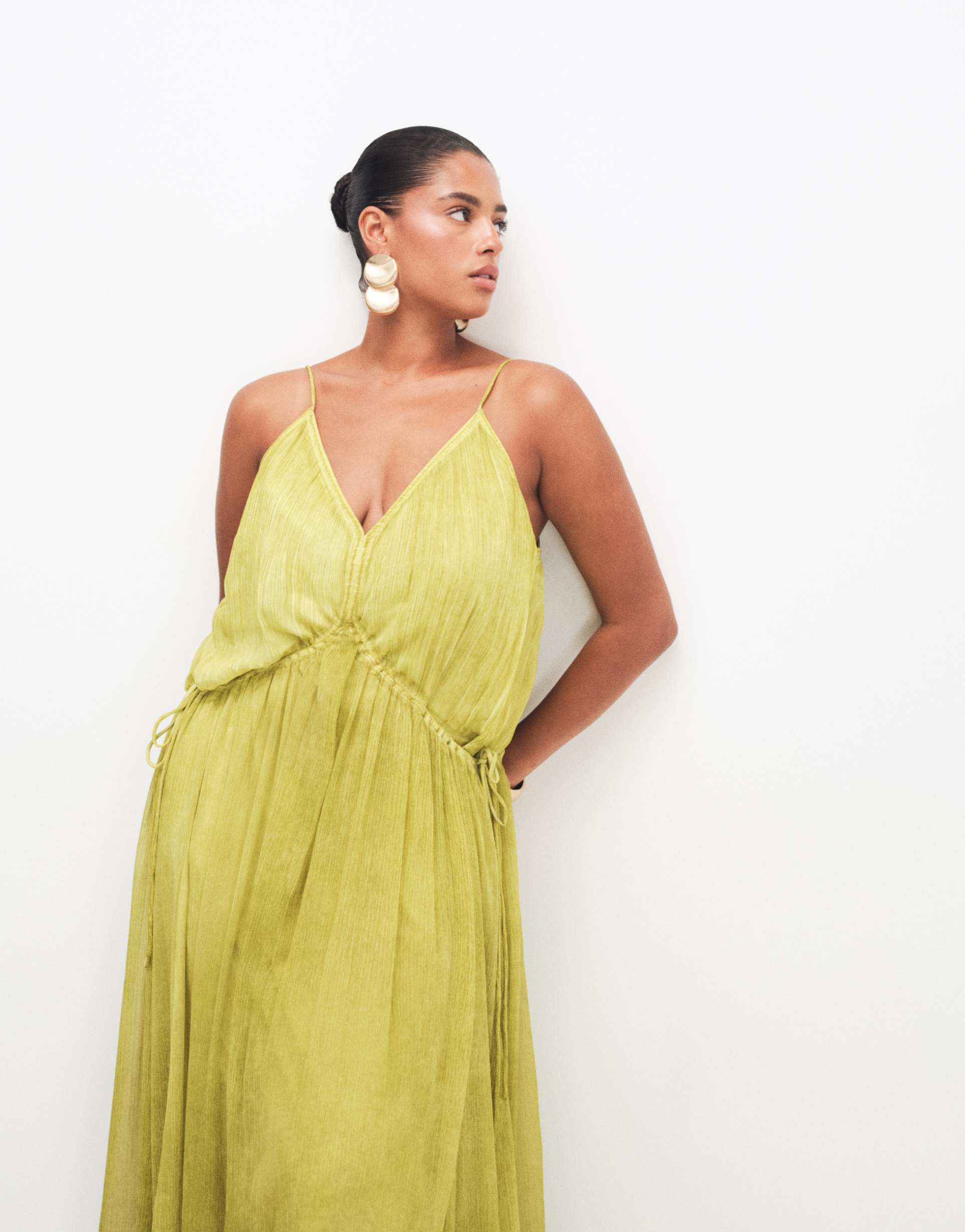 asos design curve smock cami maxi dress with tie side detail in washed olive green