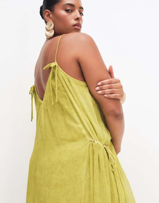 ASOS DESIGN Curve smock cami maxikjole med bindebånd i siden i vasket olivengrøn, 3 af 7