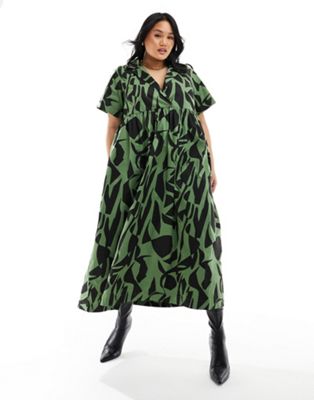 ASOS DESIGN Curve smock midi shirt dress with revere collar in khaki abstract print
