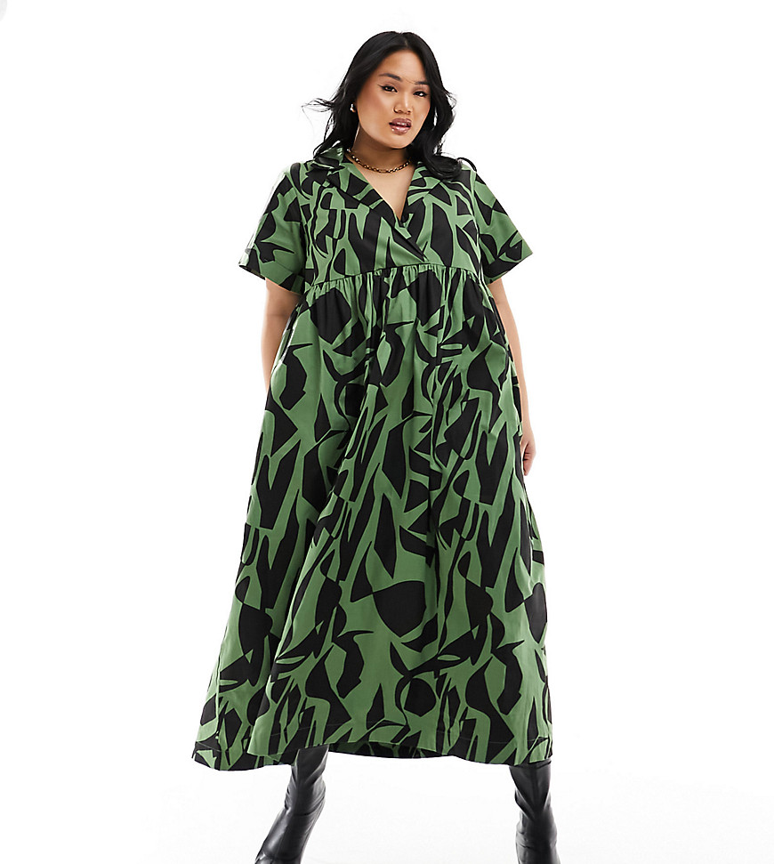 ASOS DESIGN Curve smock midi shirt dress with revere collar in khaki abstract print-Multi