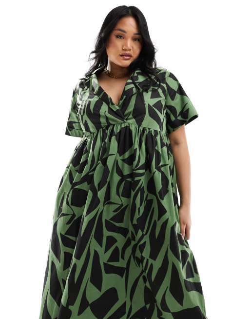 ASOS DESIGN Curve smock midi shirt dress with revere collar in khaki abstract print ASOS