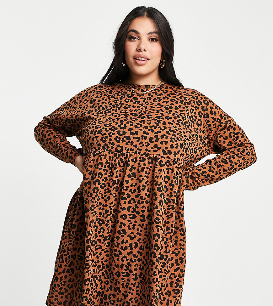 ASOS DESIGN Curve smock mini dress with long sleeves in leopard print-Brown