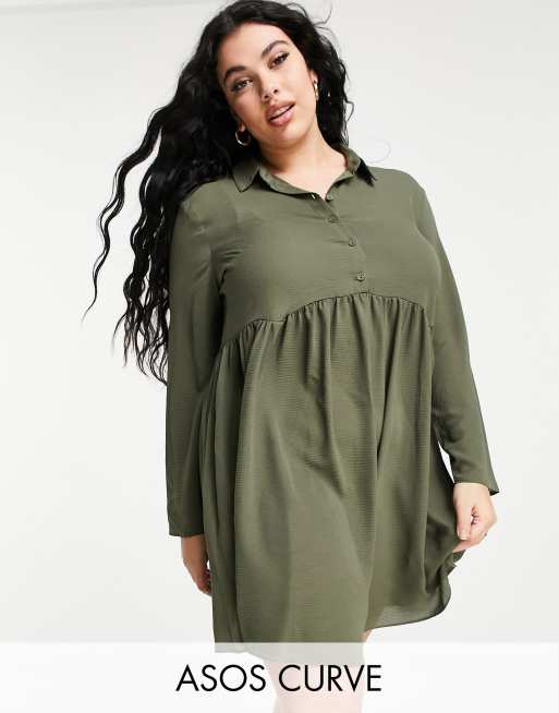 ASOS DESIGN Curve smock mini shirt dress in khaki | ASOS