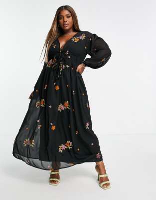 ASOS DESIGN Curve soft all over embroidered maxi dress in black | ASOS