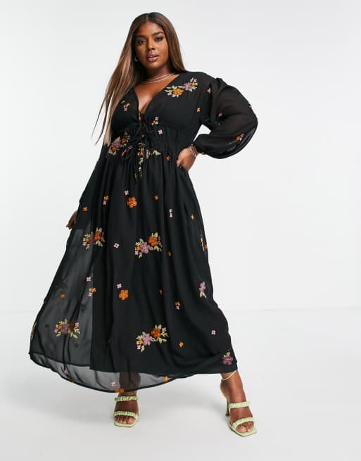 ASOS DESIGN Curve soft all over embroidered maxi dress in black