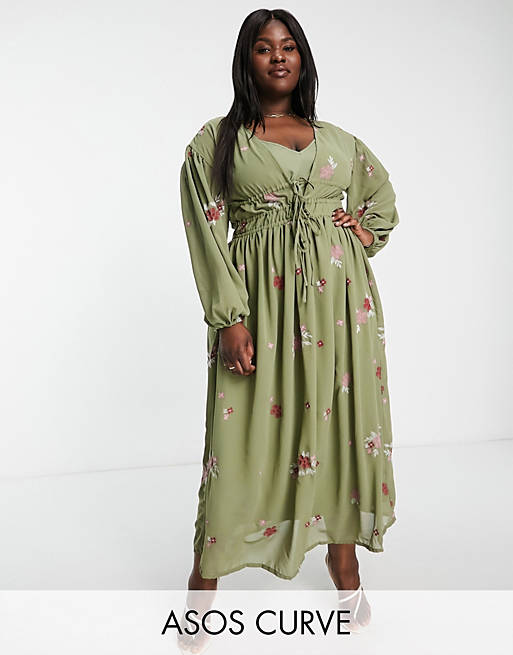 ASOS DESIGN Curve soft all over embroidered maxi dress in khaki 