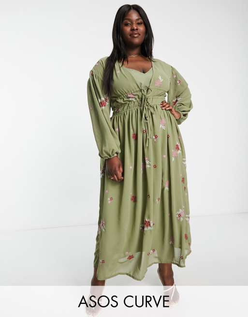 ASOS DESIGN Curve soft all over embroidered maxi dress in khaki